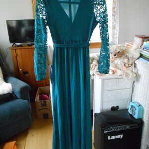 KRANDA MAXI DRESS-LONG LACE SLEEVES-DARK TEAL